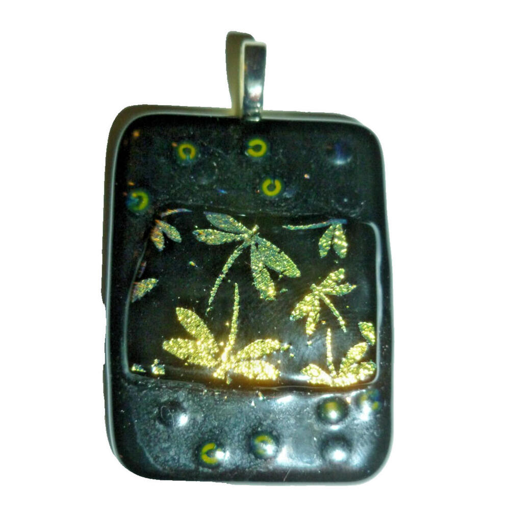 Handcrafted Dichroic Glass Pendant Black Goldā Tone Dragonfly Rectangular